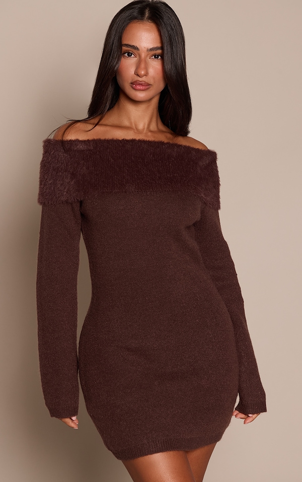 Petite Chocolate Fluffy Knit Off Shoulder Mini Dress