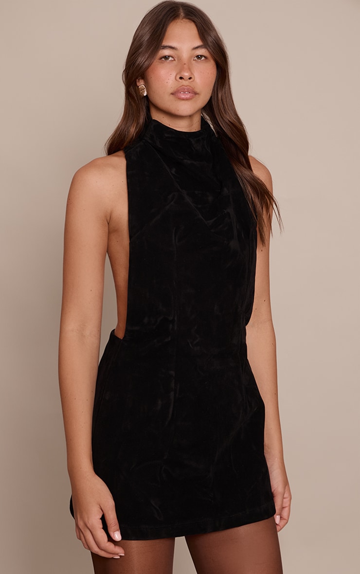 Black Suede Halterneck Mini Shift Dress