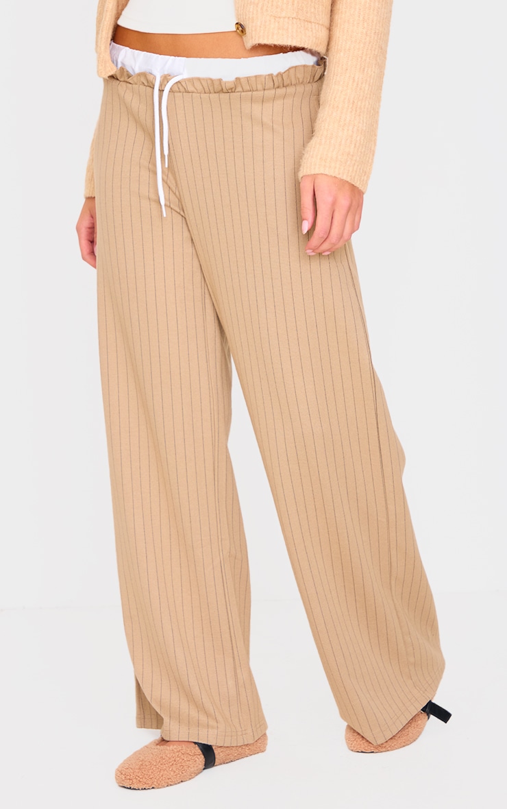 Beige Pinstripe Contrast Waistband Wide Leg Pants image 2