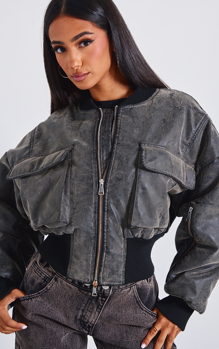 Petite Washed Black Pocket Detail Bomber Jacket image 4