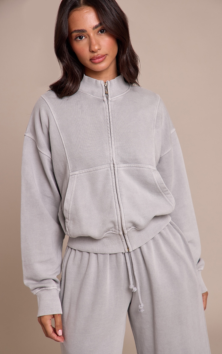 Petite Ash Grey Acid Wash Funnel Neck Zip Sweatshirt image 1
