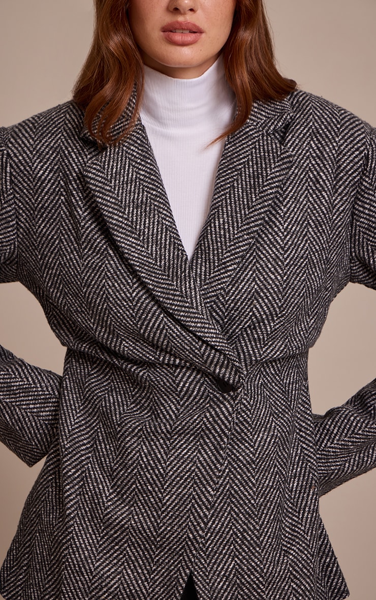 Grey Herringbone Gathered Cinched Waist Blazer image 4