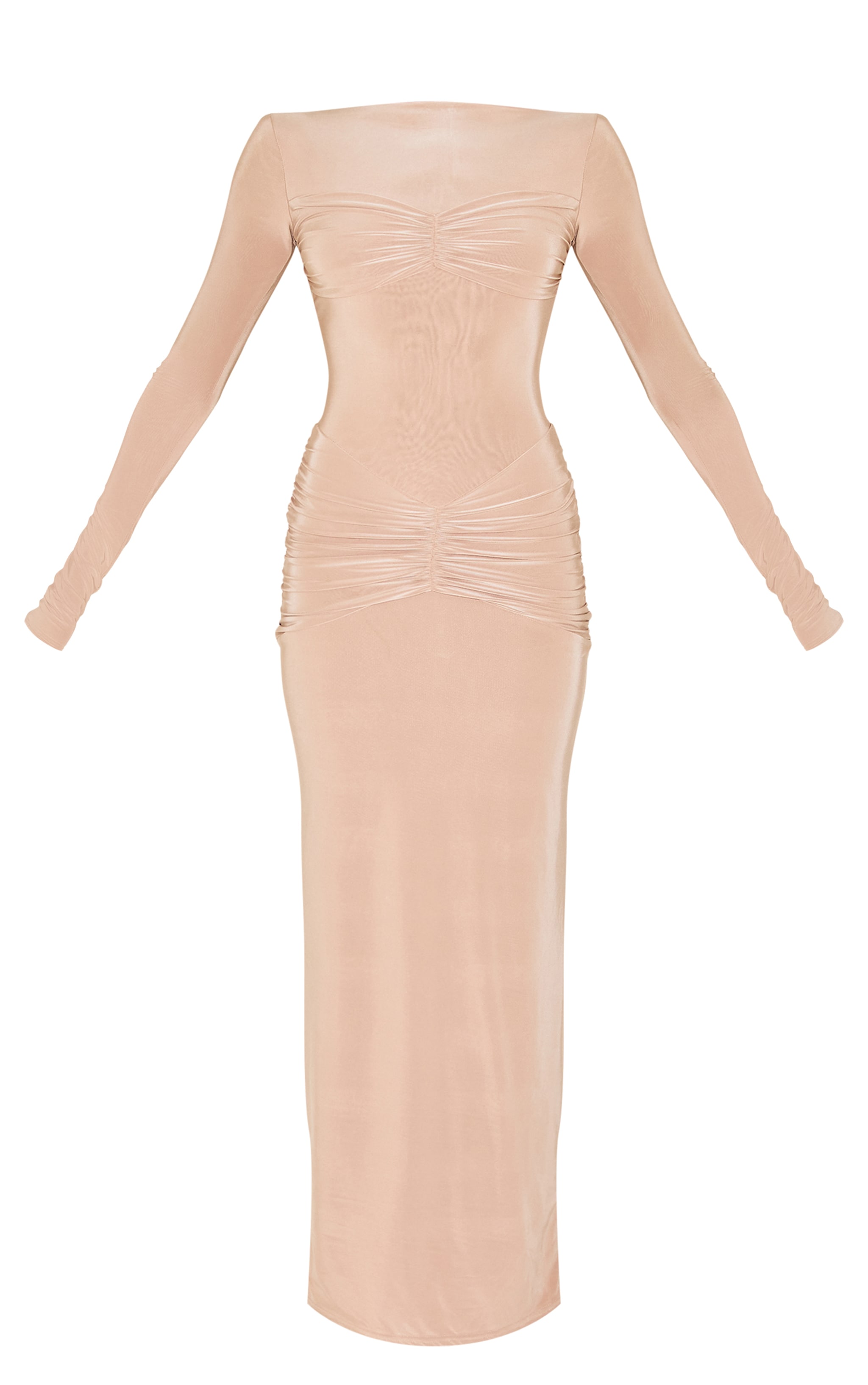 Robe longue moulante beige à parties froncées superposées image 5