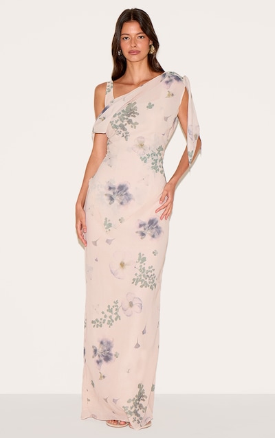 Robe longue en mousseline de soie sable imprimé abstrait à détail drapé
