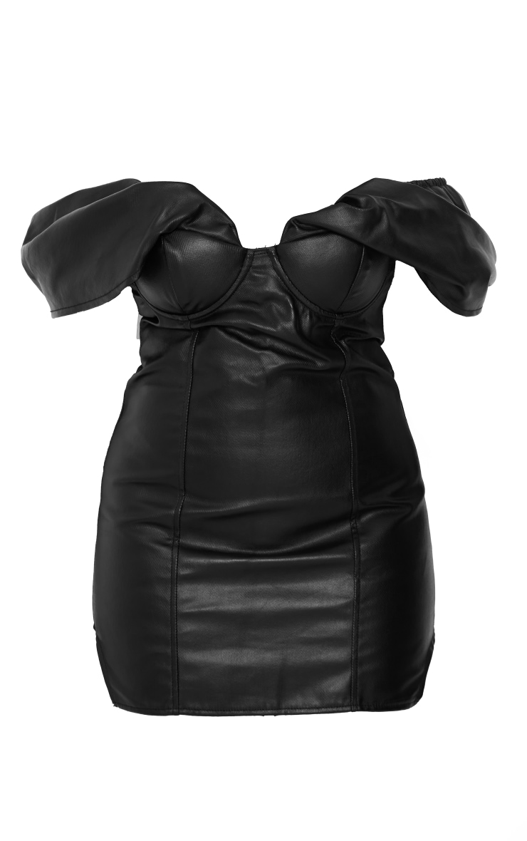 Plus Black Coated Denim Puff Sleeve Mini Dress image 5