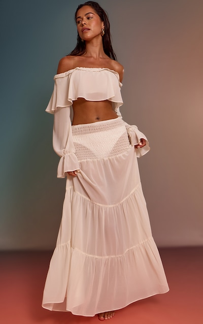 Jupe de plage longue en mousseline de soie crème à étages