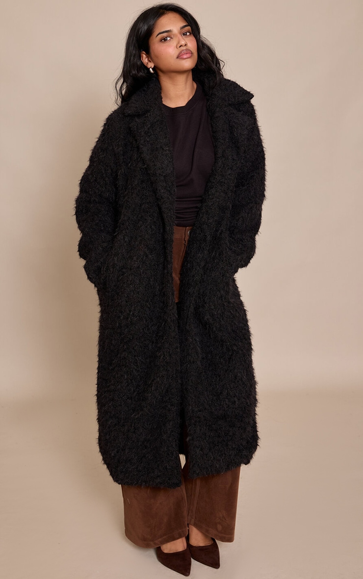 Petite Black Borg Button Up Maxi Coat image 1