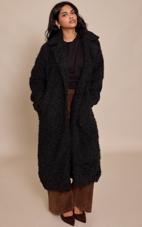 Petite Black Borg Button Up Maxi Coat