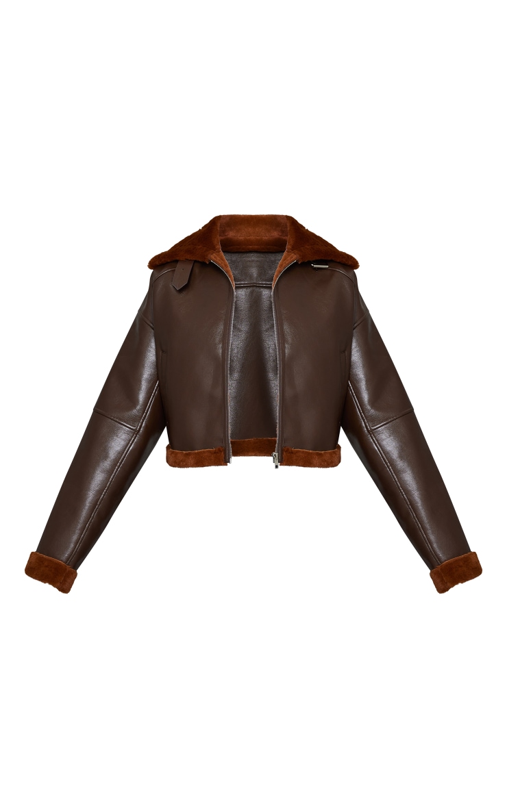 Chocolate Faux Fur Lined Cropped Faux Leather Aviator Jacket image 5