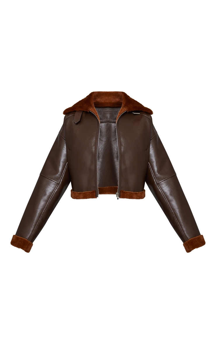 Chocolate Faux Fur Lined Cropped Faux Leather Aviator Jacket image 5