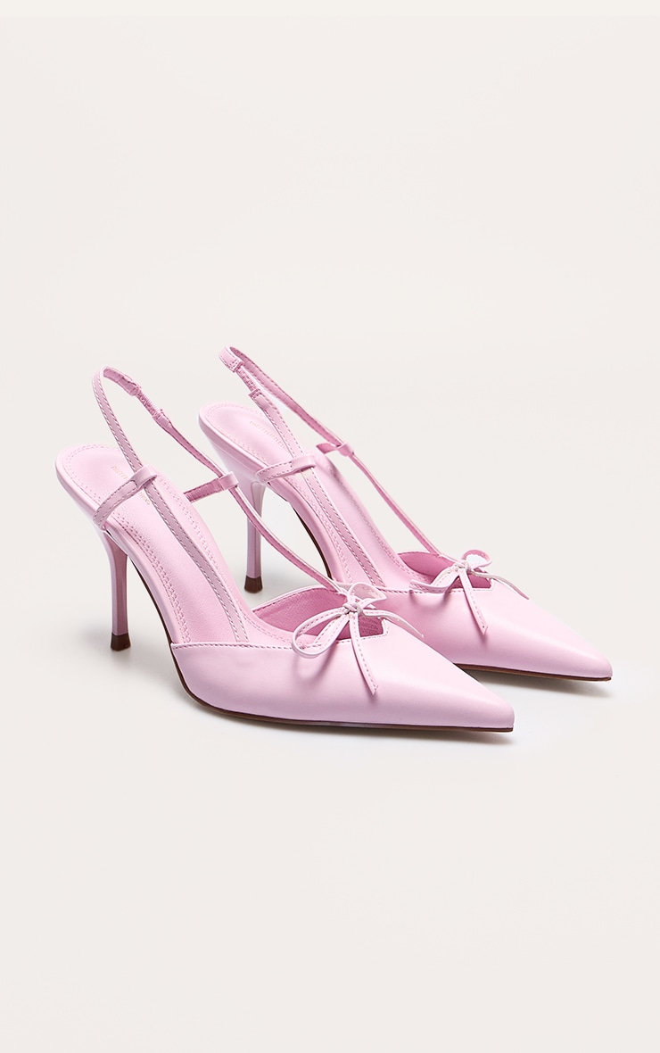 Baby Pink PU Point Toe Bow Detail Mid Heeled Courts image 2