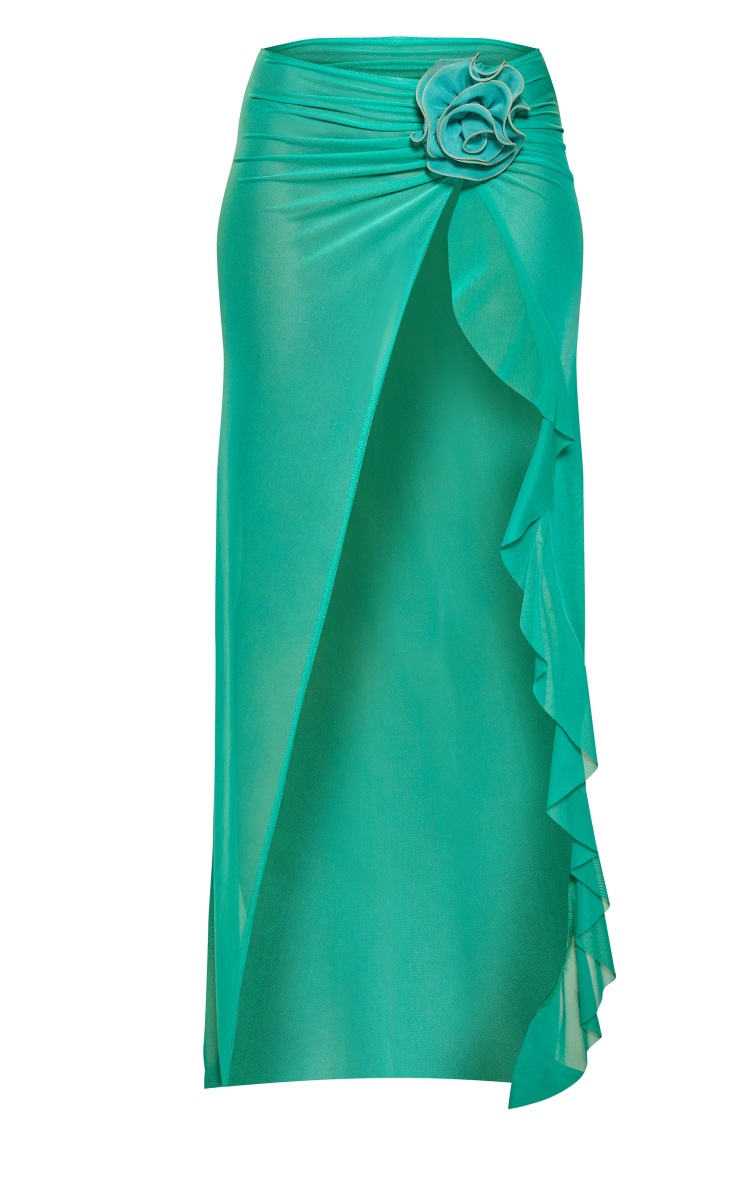 Jade Mesh Flower Frill Side Split Beach Maxi Skirt PrettyLittleThing