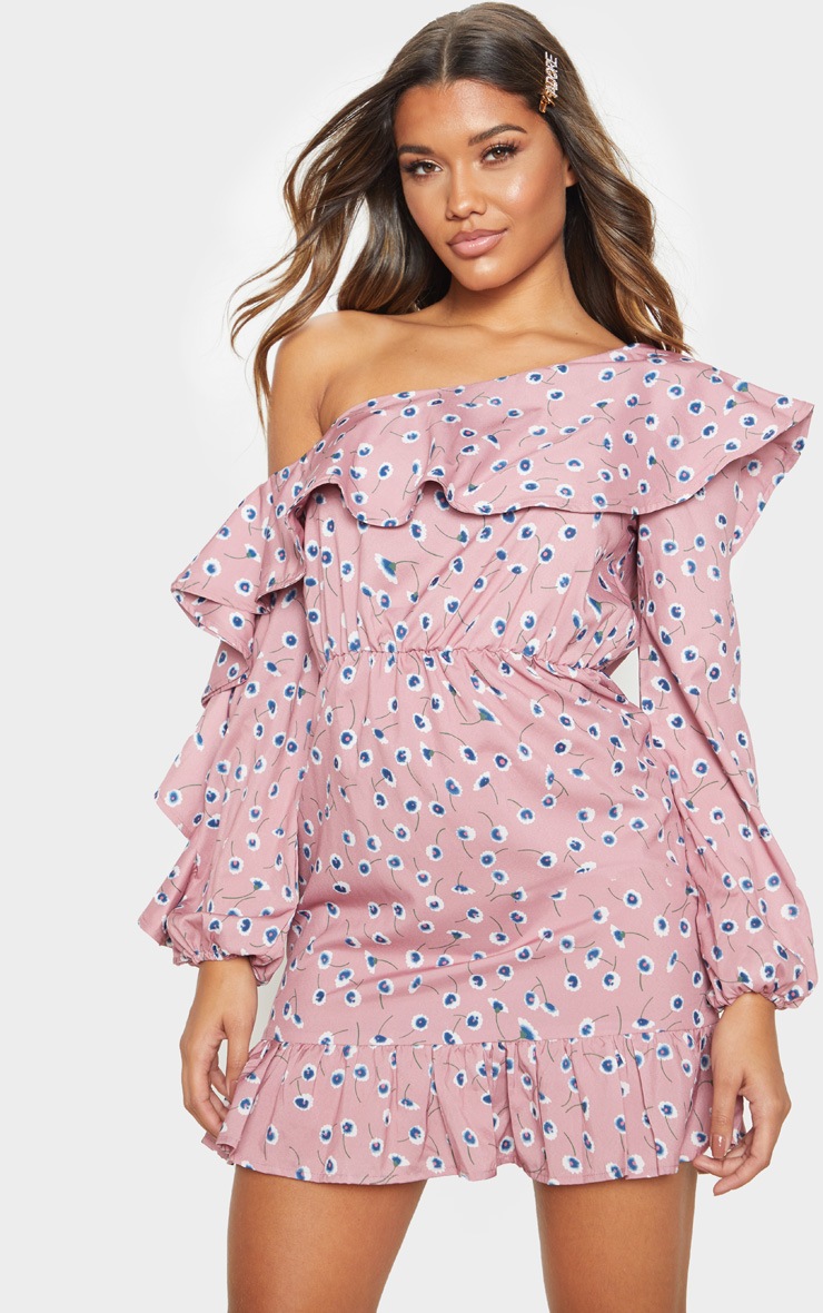 Robe rose imprimé floral à manche unique volantée