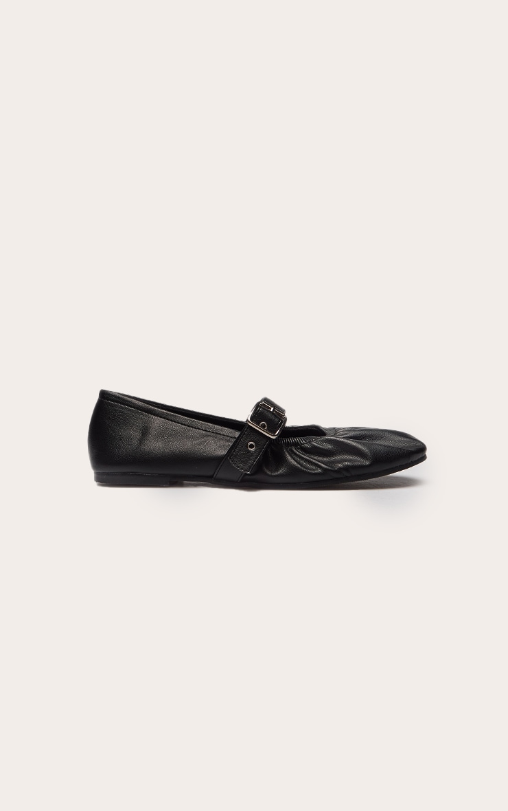 Black PU Ruched Buckle Detail Ballet Flat image 2