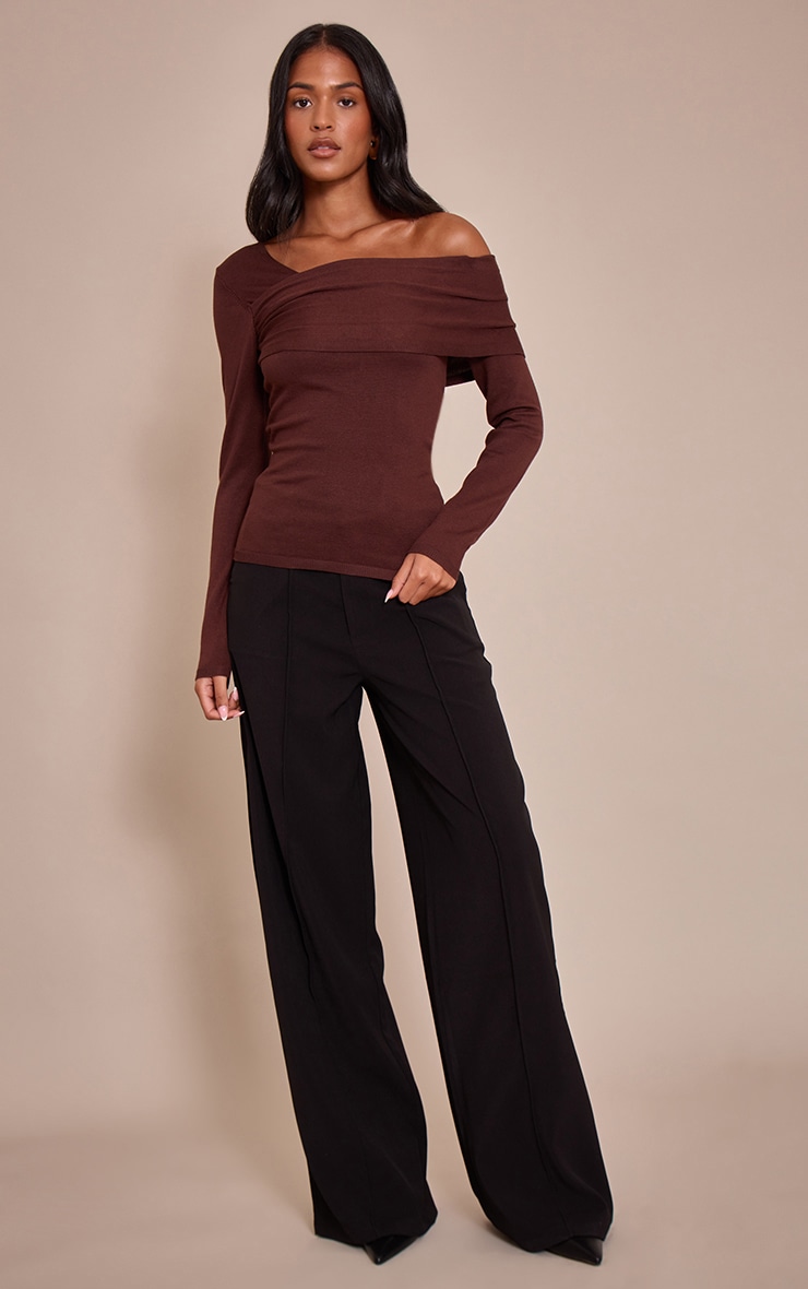 Tall Chocolate Long Sleeve Asymmetric Shoulder Knitted Top image 3