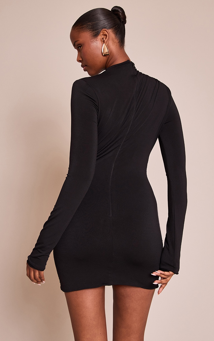 PLT Label Black Double Layer Slinky Trim Detail Plunge Bodycon Dress image 2