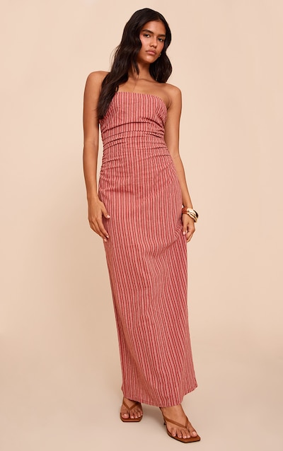 Rust Striped Bandeau Ruched Shift Dress