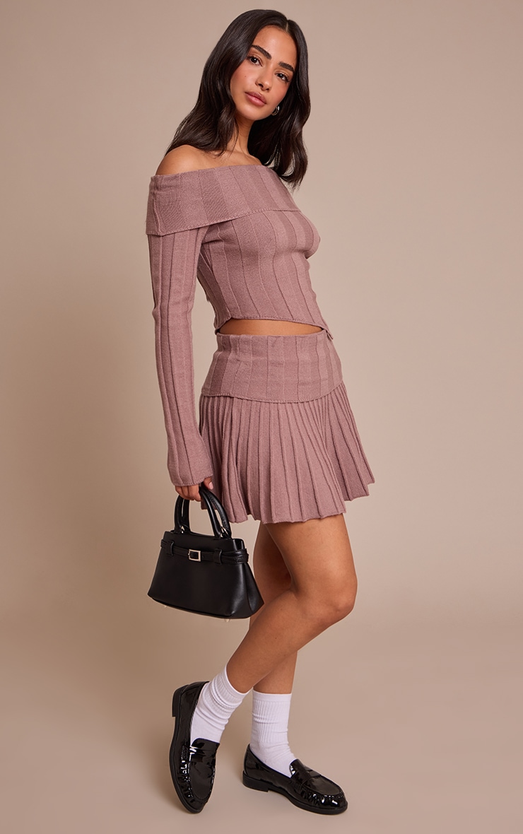 Petite Mocha Asymmetric Off Shoulder Knitted Top image 3