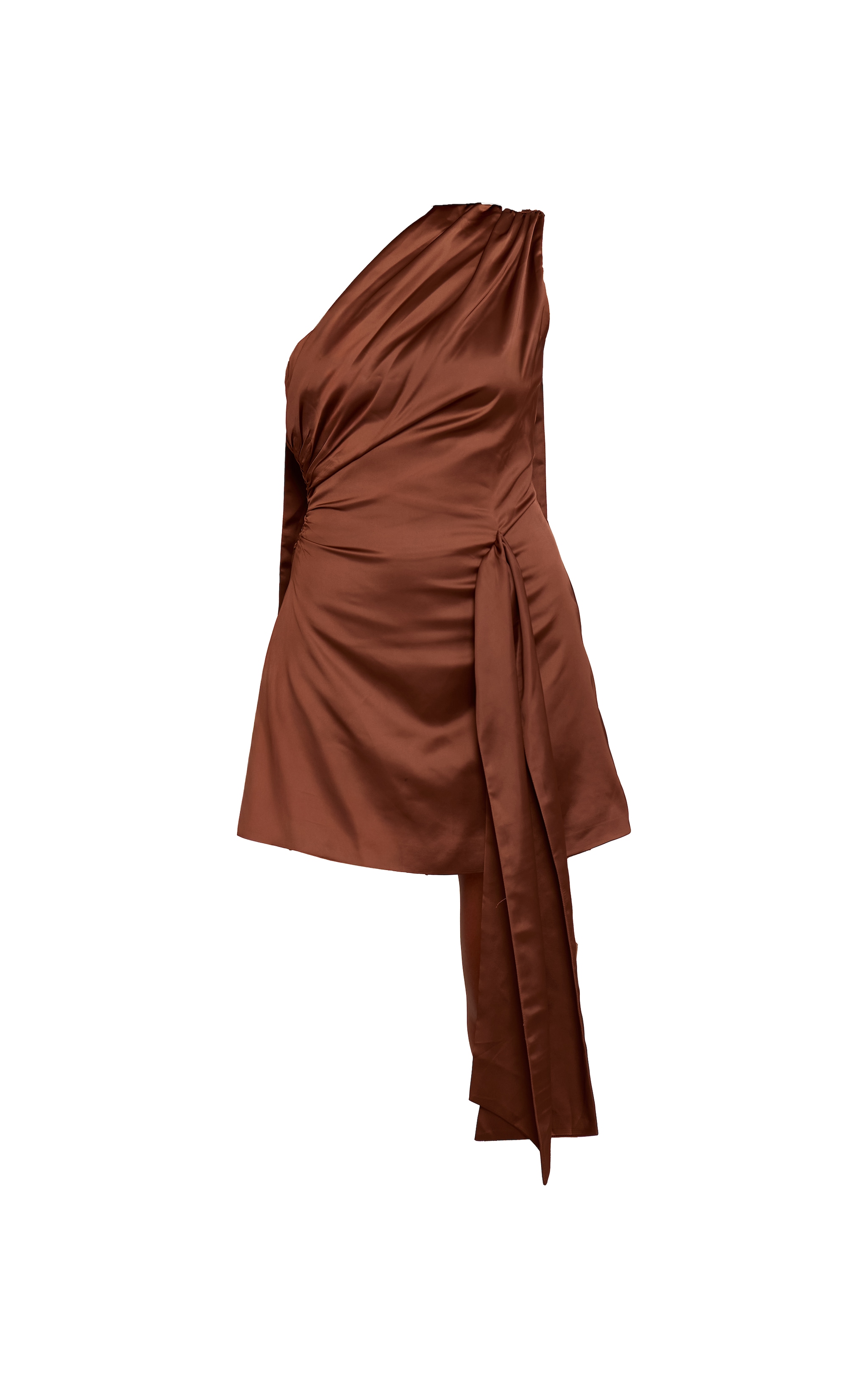Mocha Satin One Shoulder Drape Detail Mini Shift Dress image 5