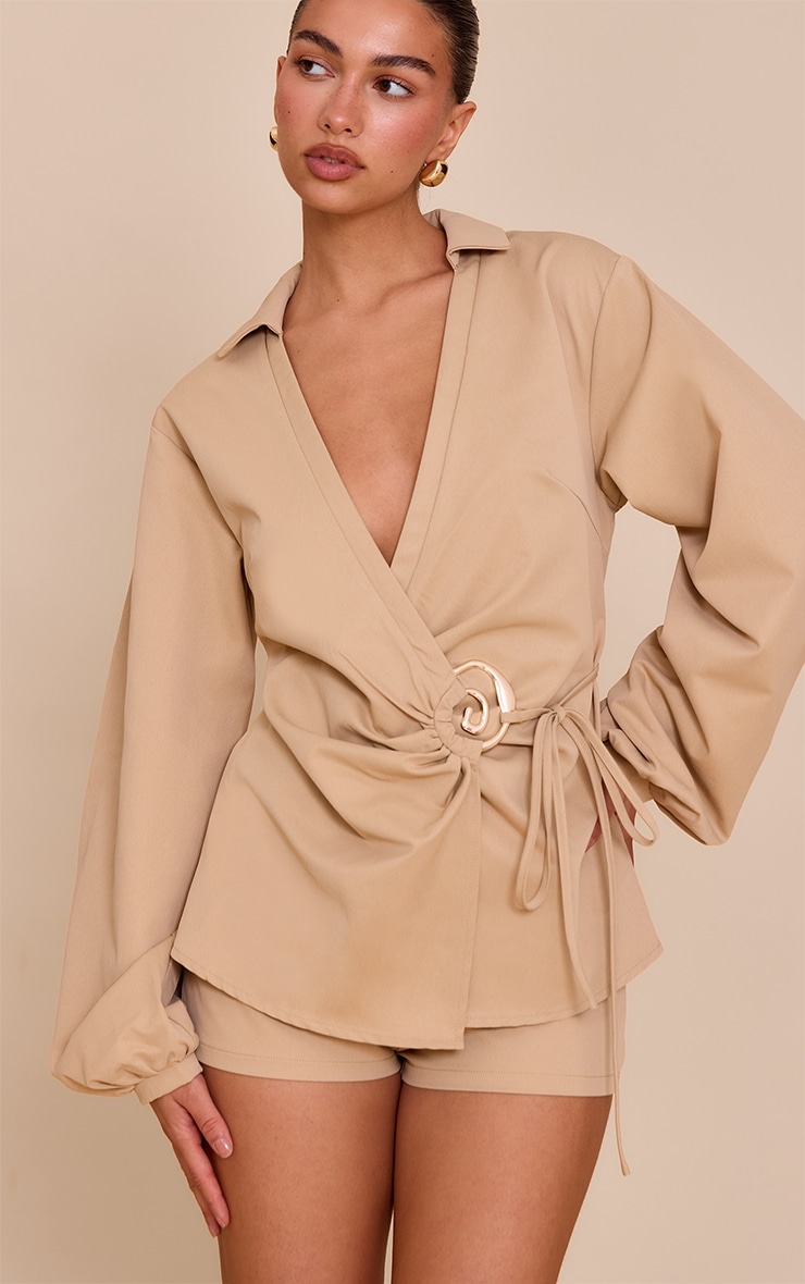 Sand Woven Tie Front Gold Hardware Detail Shirt image 4