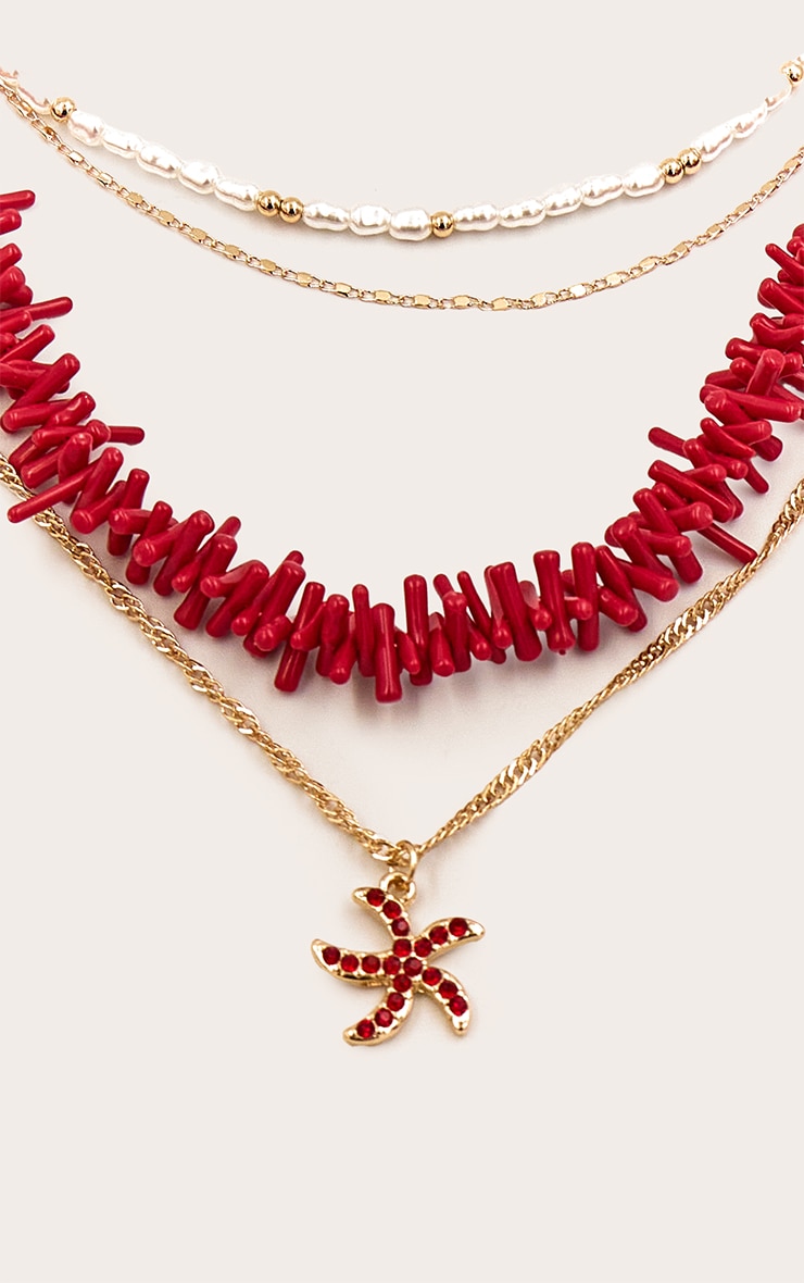 Red Beaded Layered Starfish Pendant Necklace image 3