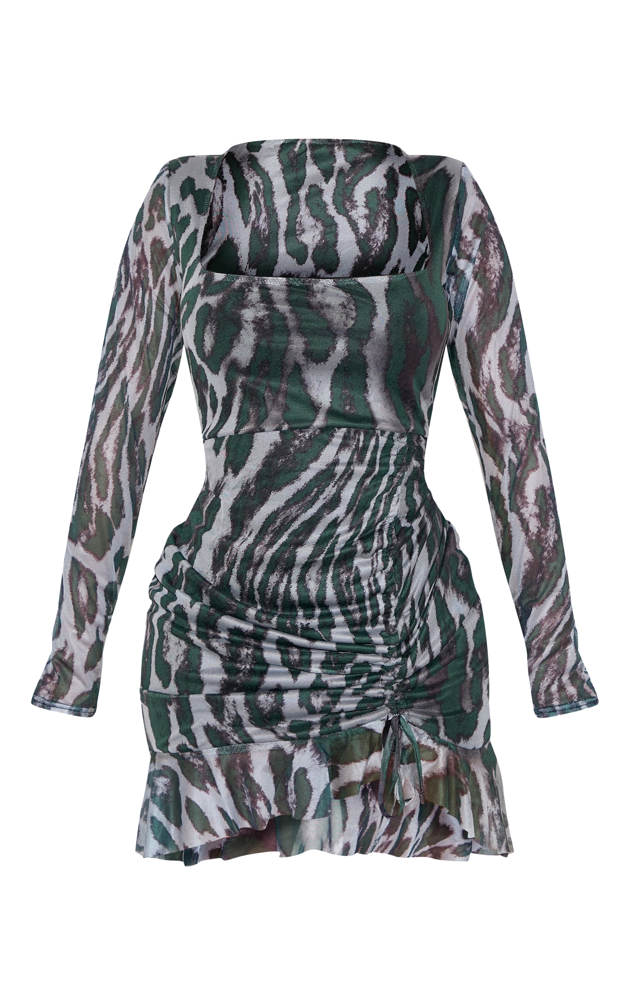 Shape Robe moulante imprimé abstrait vert en mesh manches longues froncée sur le côté à ourlet volanté image 5