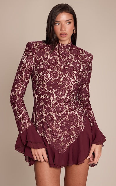 Wine Lace High Neck Frill Detail Mini Dress