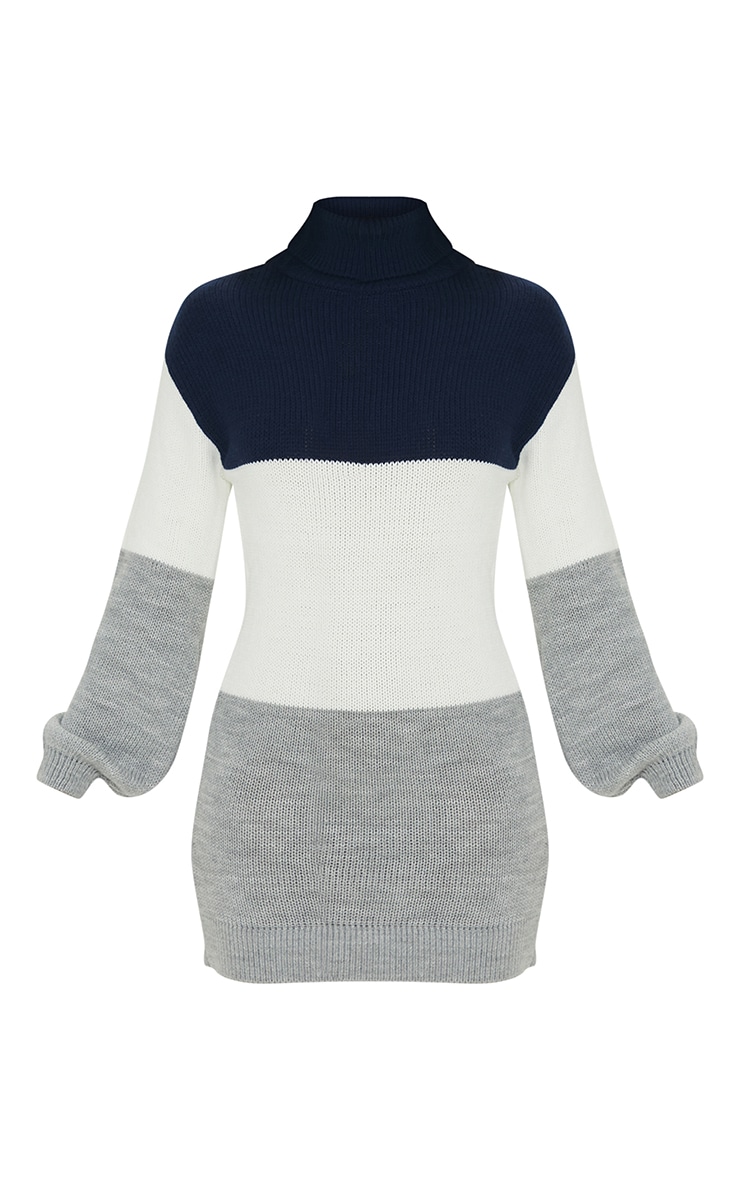 Navy Colour Block Chunky Roll Neck Jumper Dress image 5