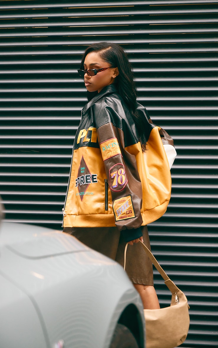  Mustard Faux Leather Graphics Oversized Racer Jacket image 2