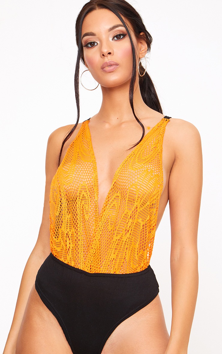 Orange fishnet insert lace body necklace