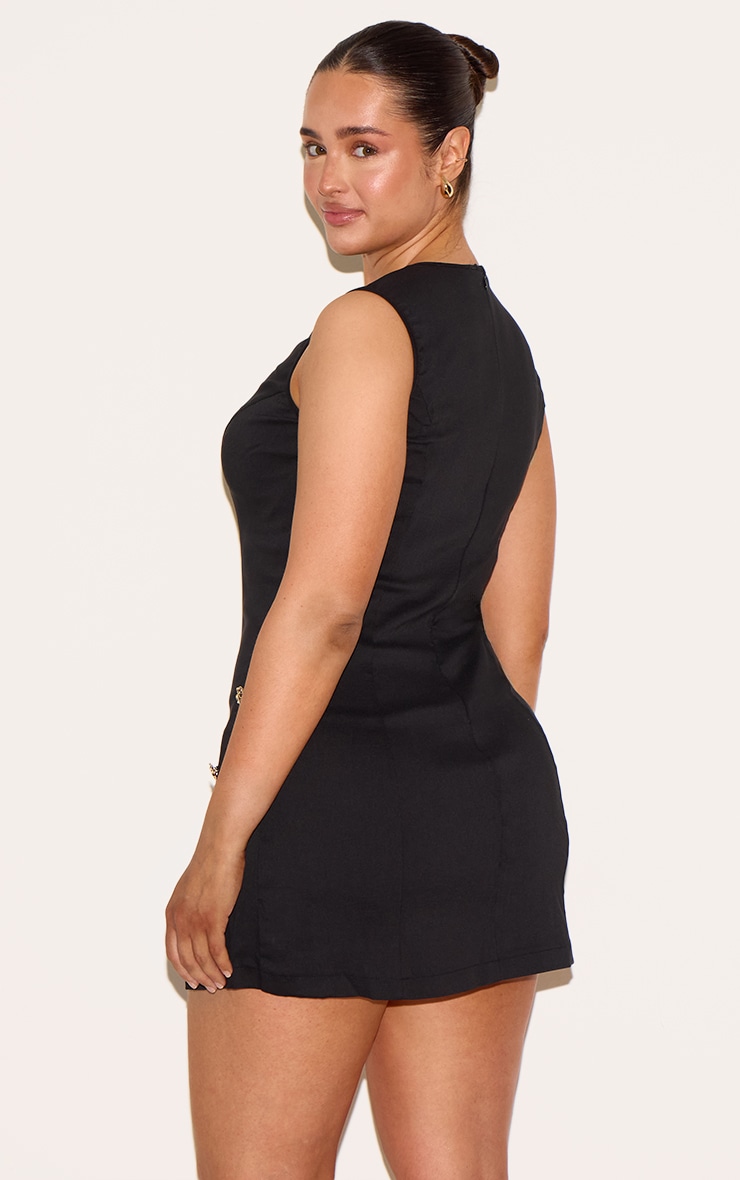 Shape Black Stretch Woven Boat Neck Side Split Hammered Button Mini Dress image 2