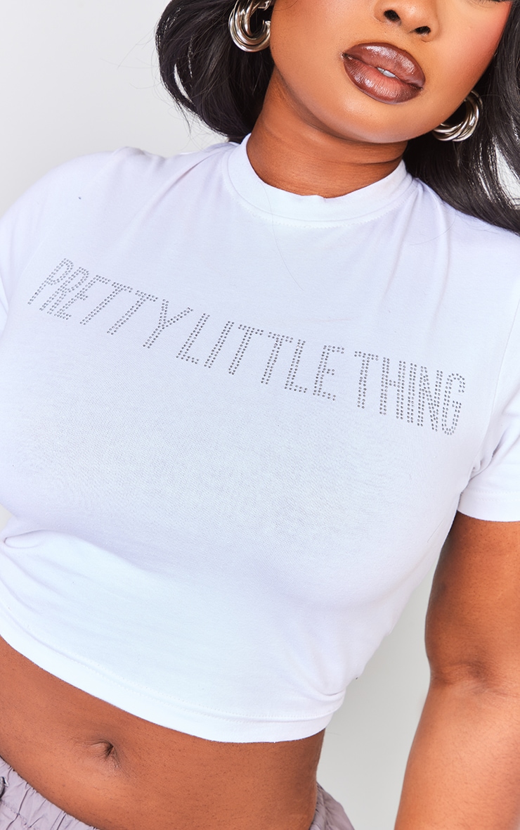 PRETTYLITTLETHING Plus White Hotfix Cotton Crop T Shirt image 4