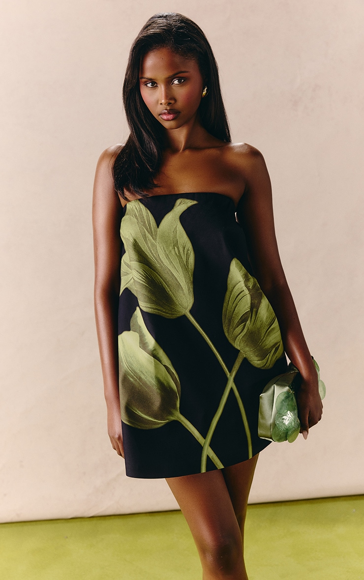 Black Floral Printed Woven A Line Mini Dress image 4