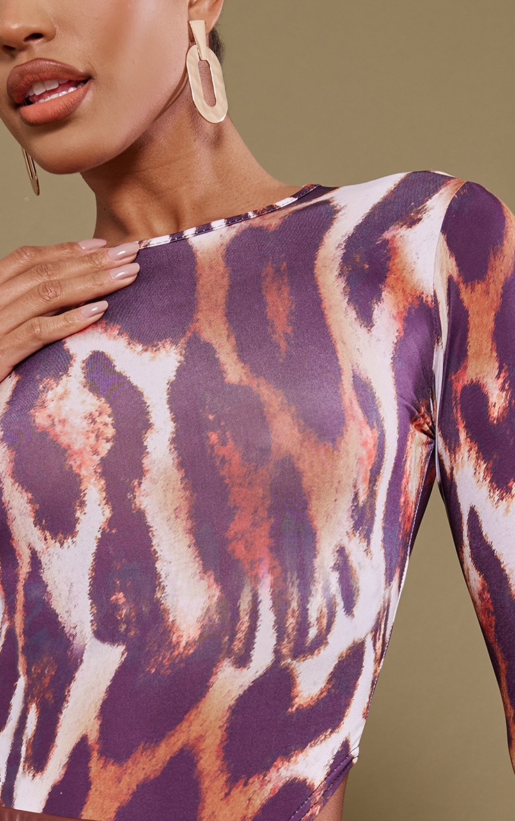 Try Your Luck Mesh Long Sleeve Print Bodysuit with Cream Background in Leopard Print main image 1