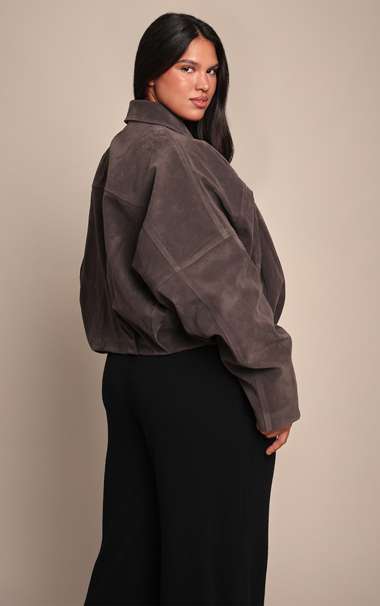 Plus Grey Faux Suede Covered Placket Bomber Jacket image 2