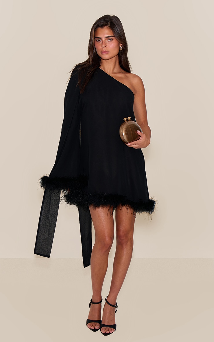 Black Chiffon One Shoulder Feather Detail Shift Dress image 3