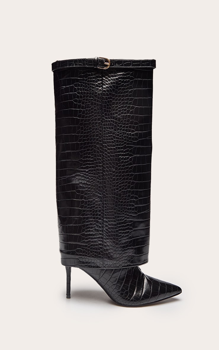 Black Croc Fold Over Heeled Knee High Boot image 2