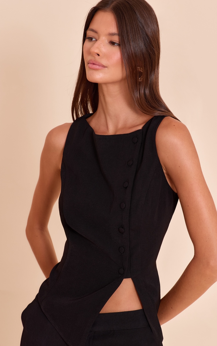 Black Woven Asymmetric Button Detail Vest image 1