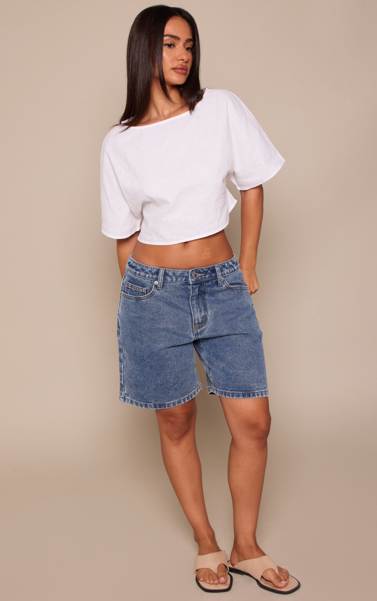Petite Short boyfriend baggy bleu moyen délavé à taille basse