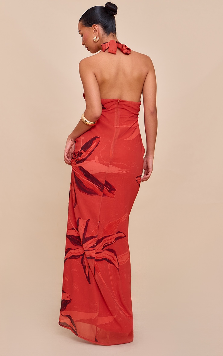 Rust Printed Plunge Tie Detail Maxi Dress image 2
