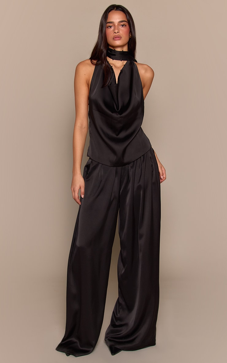 Black Satin Cowl Back Halterneck Top image 3