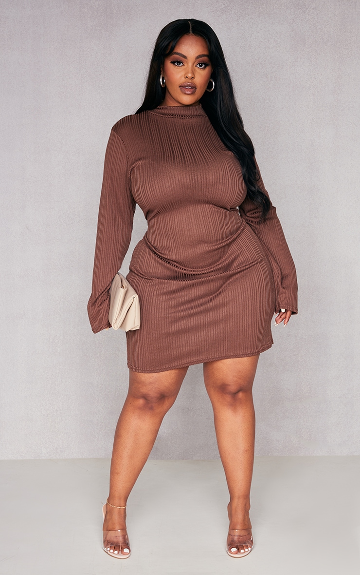 Plus Chocolate Rib High Neck Bodycon Dress PrettyLittleThing