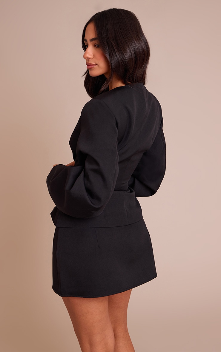 Petite Black Woven Cinched Waist Cocoon Sleeve Button Up Blazer image 2