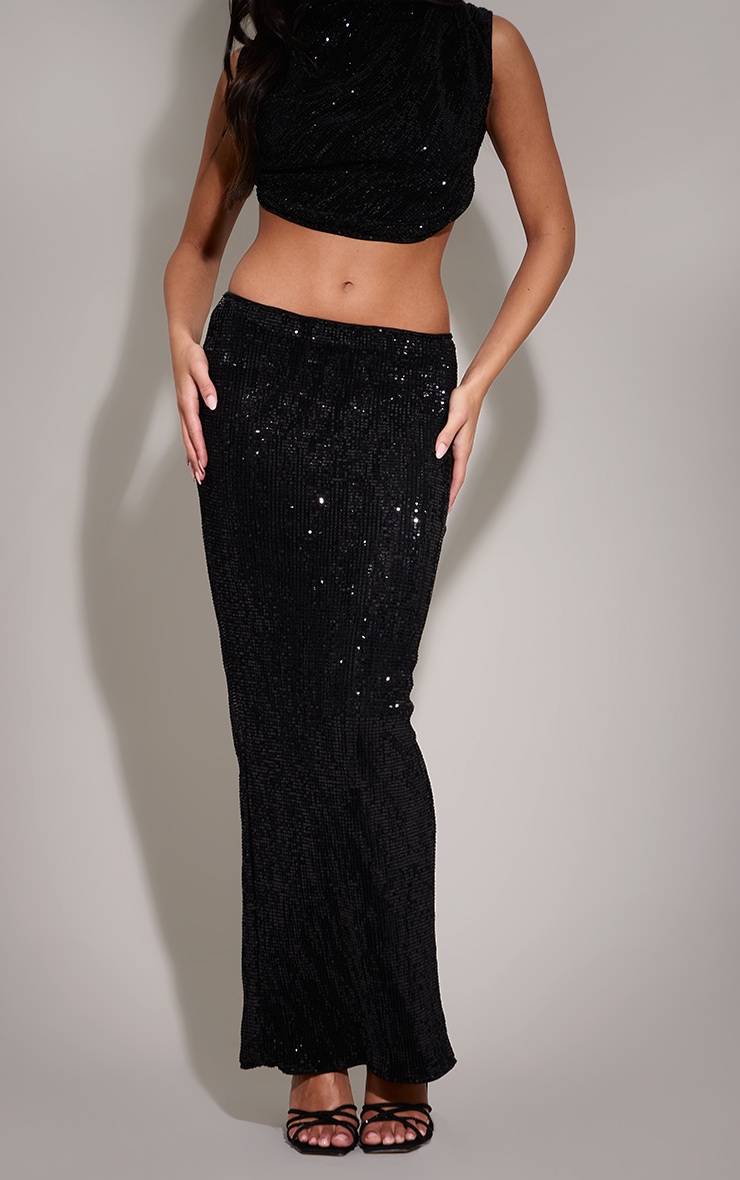 Black Sequin Mid Rise Maxi Skirt image 2