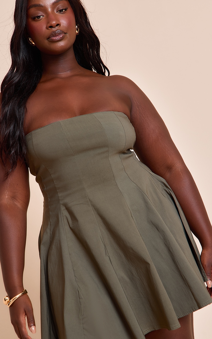 Plus Khaki Stretch Woven Bandeau Pleated Shift Dress image 4