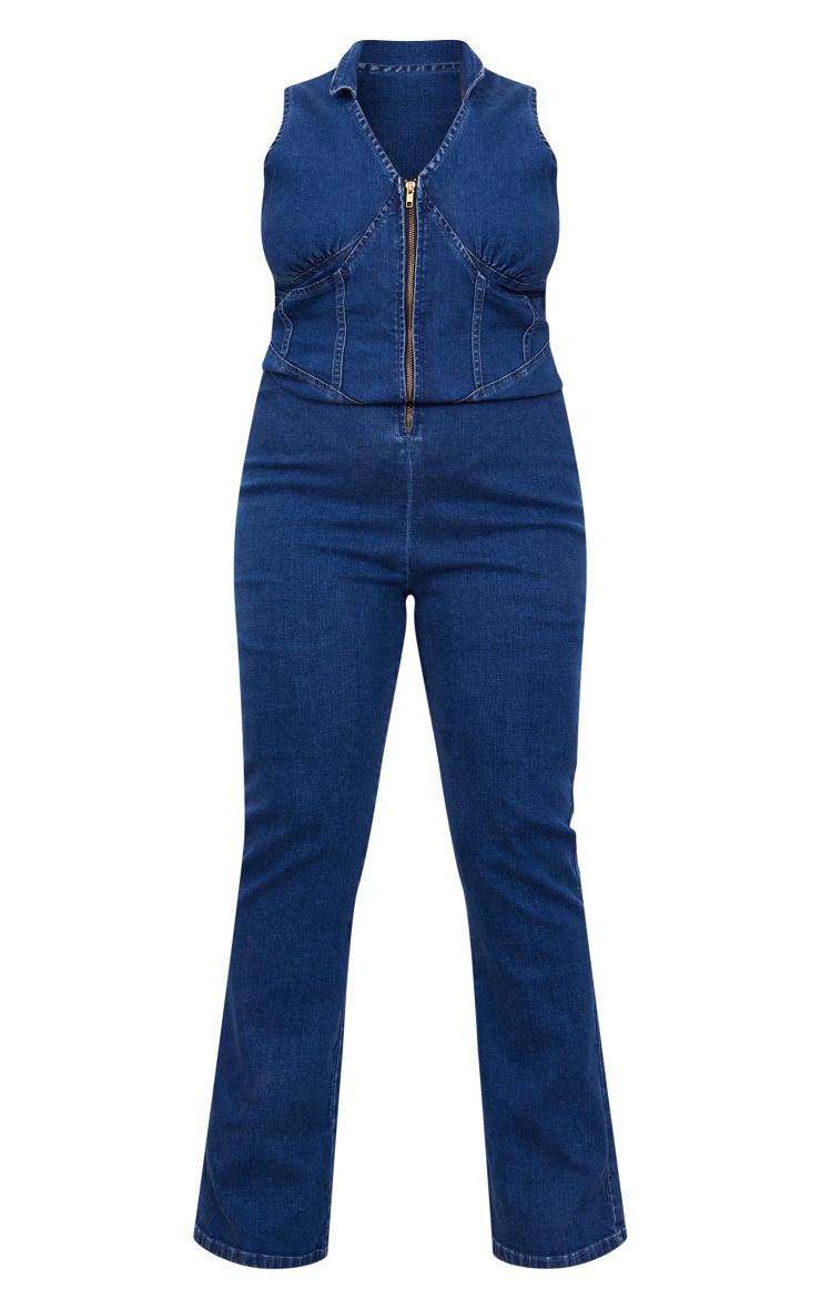 Plus Combinaison en jean bleu moyen délavé sans manches à zip image 5