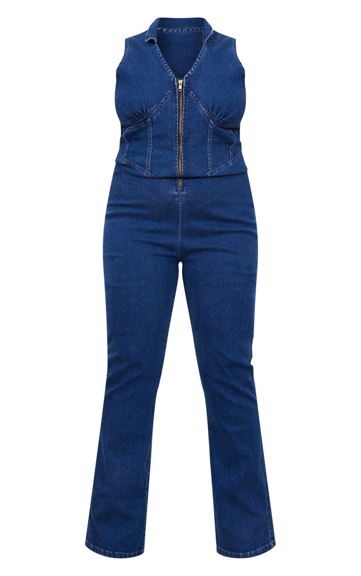 Plus Mid Blue Wash Zip Up Sleeveless Jumpsuit image 5