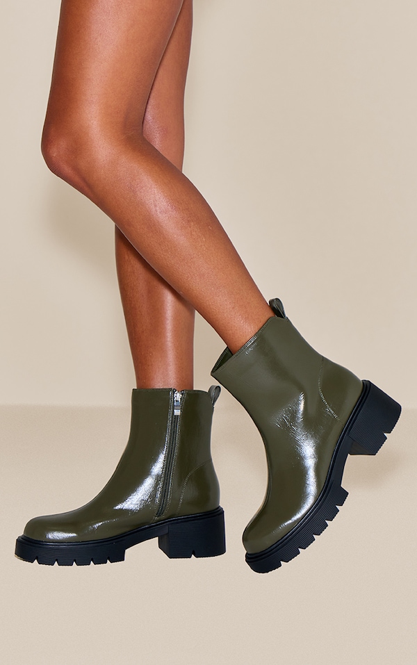Olive Crinkle Chunky Cleated Sole Dipped Ankle Boot