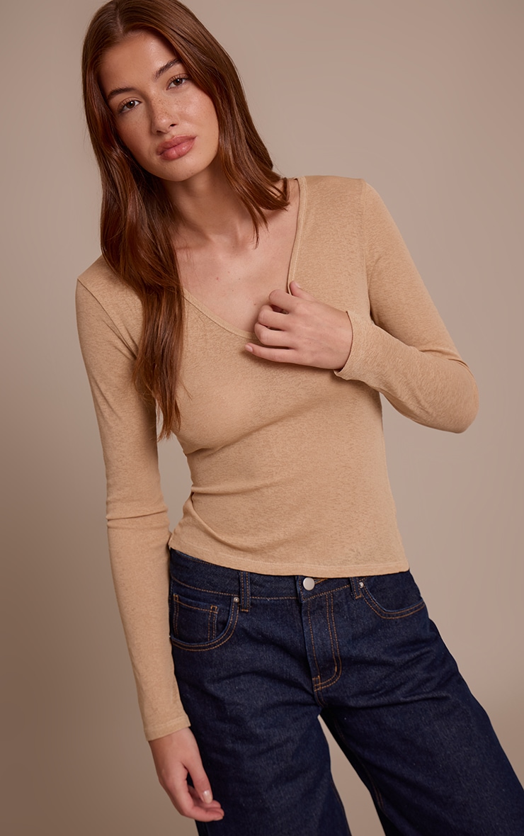 Tan Burnout Mesh V Neck Long Sleeve Top image 1