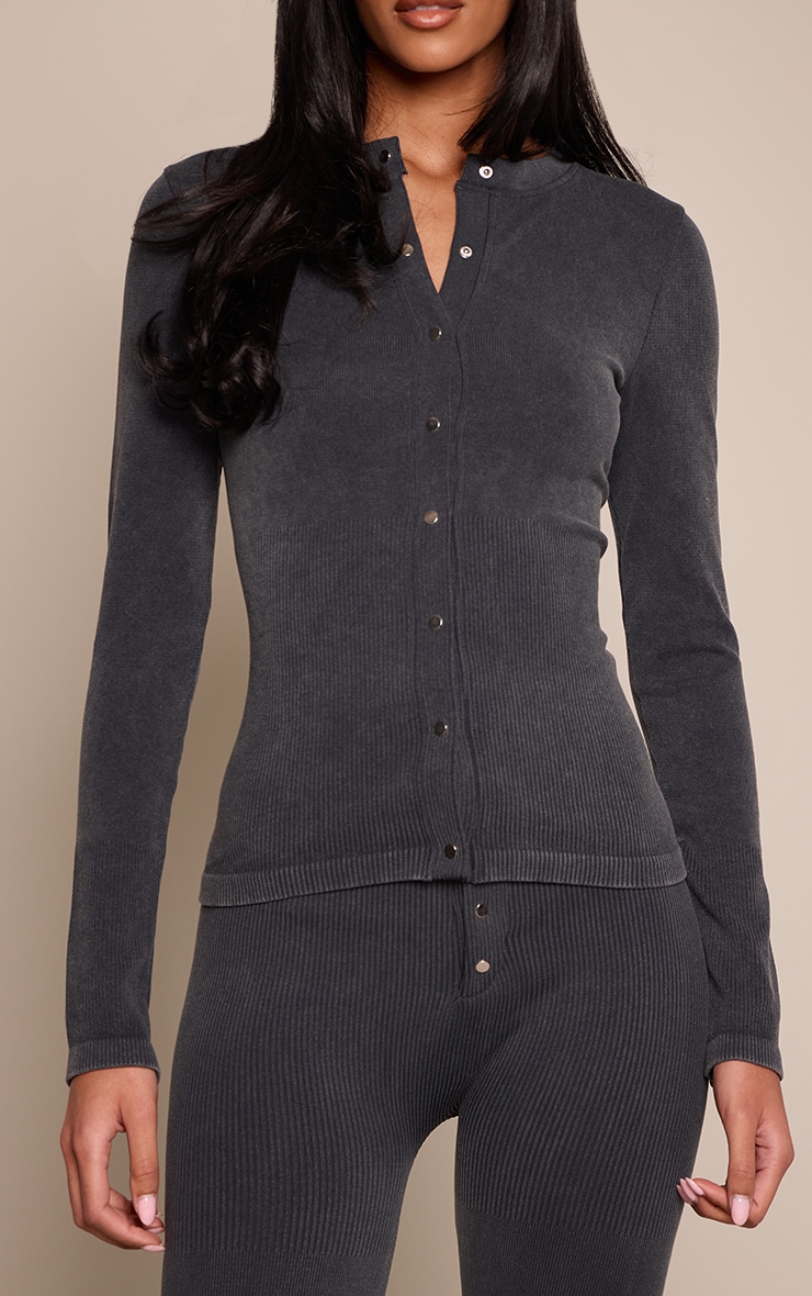 Tall Black Snatched Rib Long Sleeve Button Up Long Top image 4